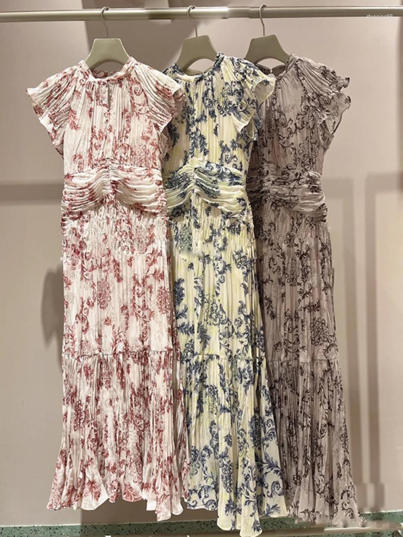 

Casual Dresses Kuzuwata Japan Waist Wrapped Pleated Robe Femme Lace Up Flying Sleeve Printed Dress 2023 Spring Stand Collar Slim Fit, Blue