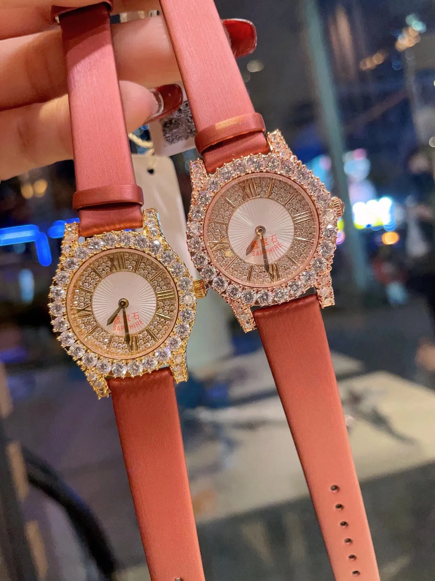 

New 30mm Fashion Women Quartz Watch Diamant Full Diamond Dial Wrist Watch Sapphire Glass Real Leather Clock, Multi-color