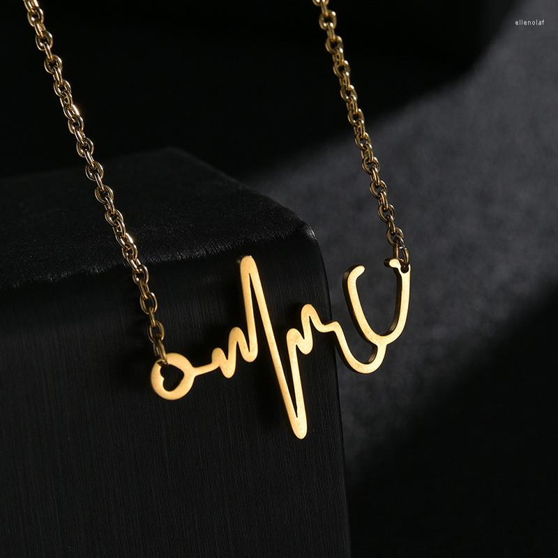 

Pendant Necklaces Electrocardiogram Heartbeat Necklace Titanium Steel Frame Rate Pattern Golden Plated Chain Stainless Jewelry Woman