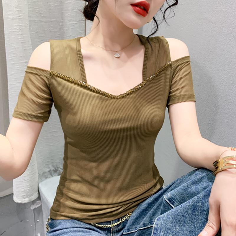 

Women's T Shirts 2023 Summer Short Sleeved Women's T-Shirt Fashion Casual Off The Shoulder V-Neck Beaded Tops Shirt Clothes, Black