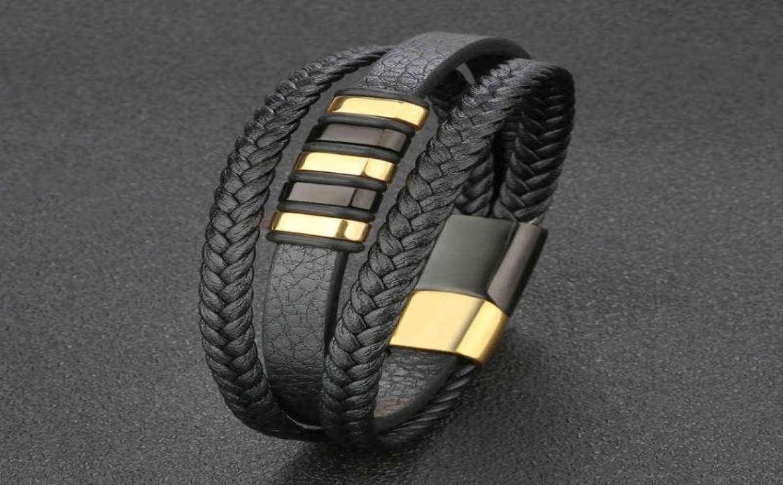 

Man Jewelry Gift Fashion Stainless Steel Charm Men Bracelet Magnetic Clasp Braided Multilayer Leather Wrapping Punk Rock Bangles4106761