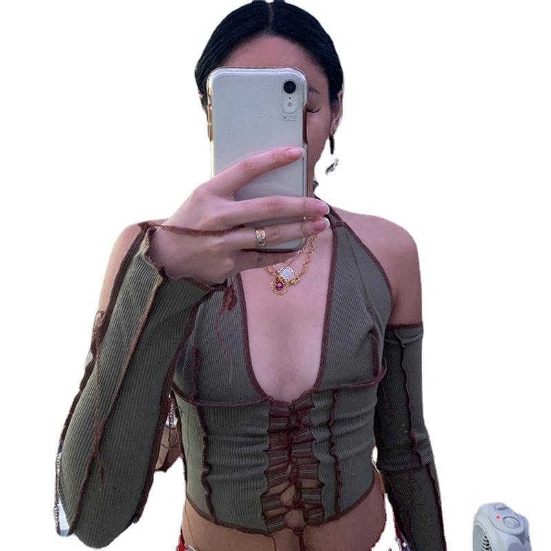 

Women's Swimwear No Back With Ribbed Tie Before The Top Long Sleeves Hollow Lace T-shirt Splicing Sexy Body Crop TopWomen's, Red