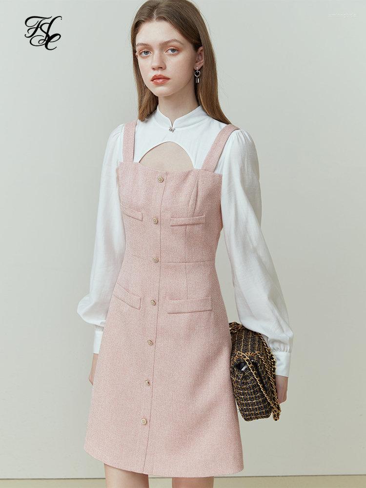 

Casual Dresses FSLE French-style Small Fragrance Stand Collar Dress For Women Spring Design Sense Fake Two-piece Skirt Elegant Female, Pink