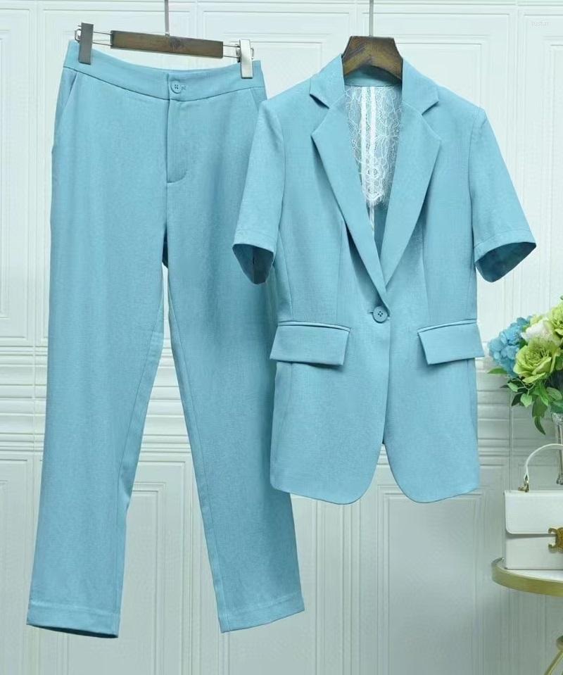 

Women's Two Piece Pants Top Quality Blazer Sets 2023 Spring Summer 2 Pant Set Women Short Sleeve Suits Blue Yellow Work Wear