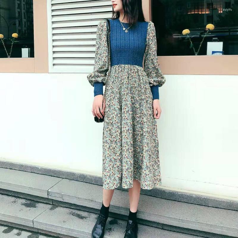 

Casual Dresses 2023Korean Fashion Floral Velvet Woman Retro Dress Fall Winter Sweet Long-Sleeved Knitted Stitching All-Match A-Line Long, Photo color