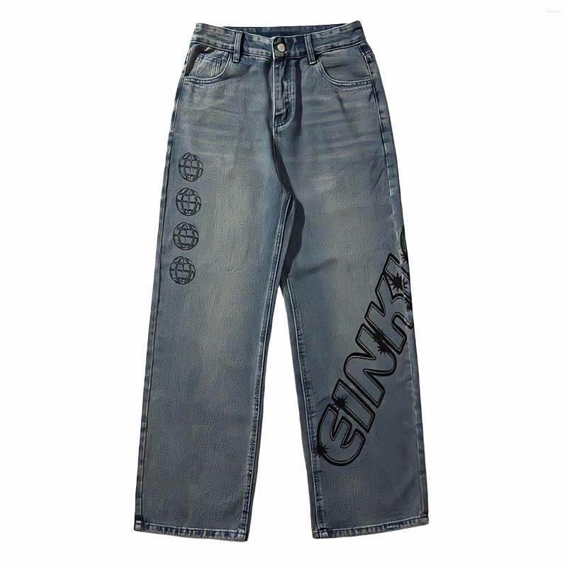 

Men's Jeans American Streetwear Grunge Y2k Hip Hop Denim Trousers Letter Print Appliques Baggy Brown For Men Straight Leg Blue Pants