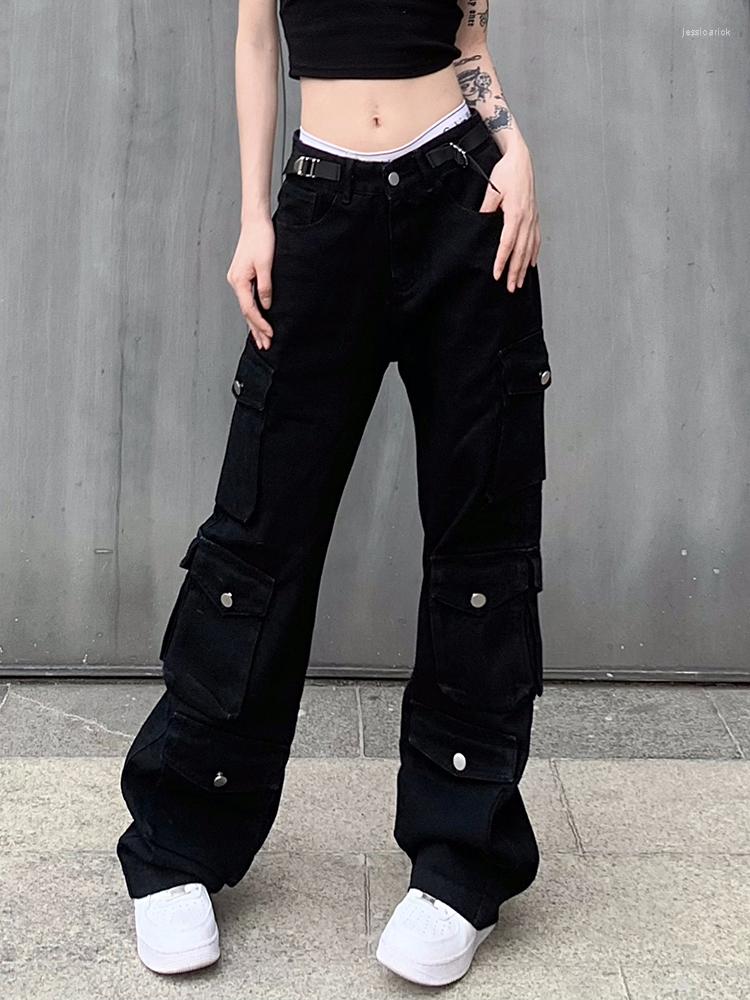 

Women' Jeans Goth Aesthetic Women Cargo Low Waist Casual Korean Fashion Black Denim Trousers Y2k Hip Hop Streetwear Baggy Pant