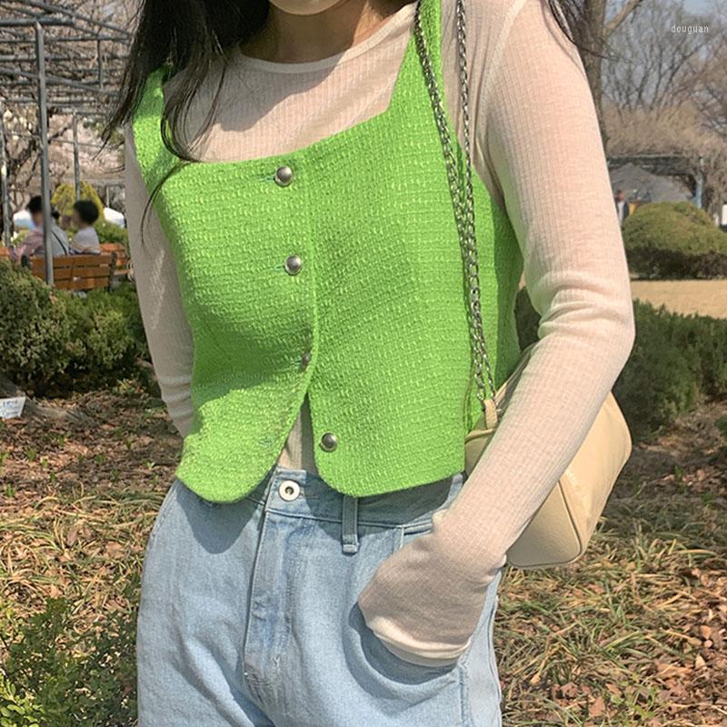 

Women's Blouses Clothland Women Elegant Tweed Vest Blouse Square Collar Sleeveless Jacket Coat Summer Retro Tops Blusa WA149, Green