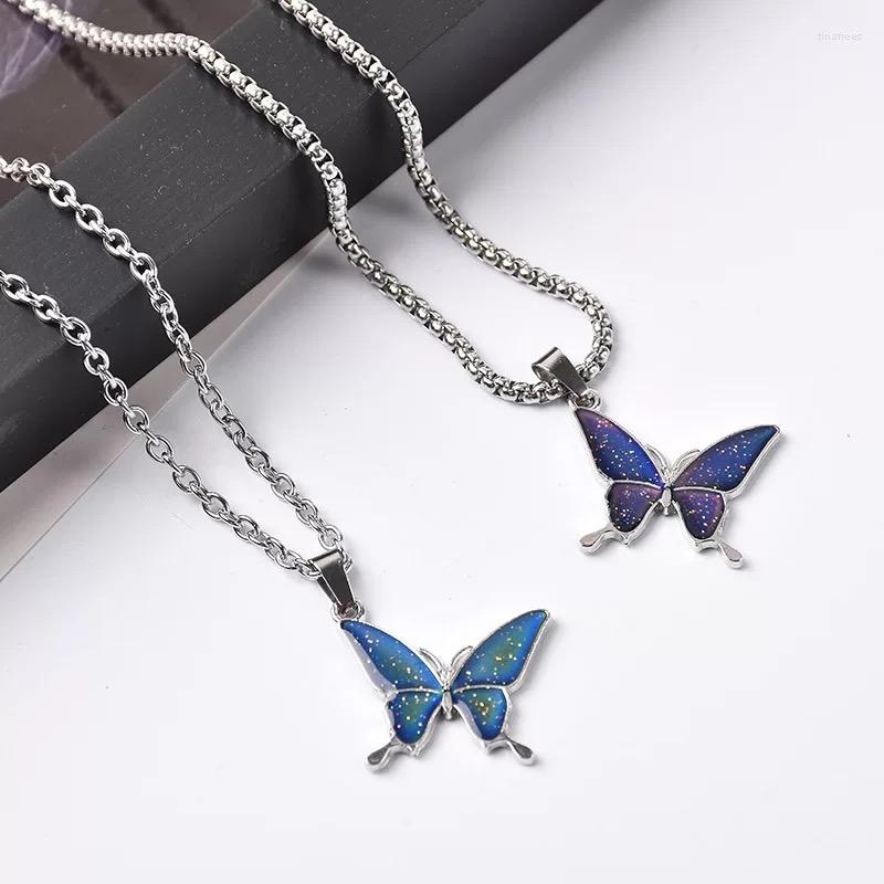 

Chains Fashion Creative Unique Temperature Contro Color Change Butterfly Pendant Stainless Steel Chain Necklace Woman Jewelry Gift