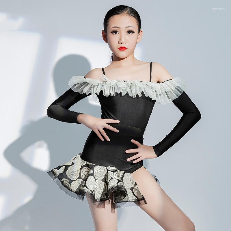 

Stage Wear Girls Latin Dance Dress Off-Shoulder Bodysuit Split Skirt ChaCha Performance Costume Children Rumba Competition Clothes VDB6280, Black