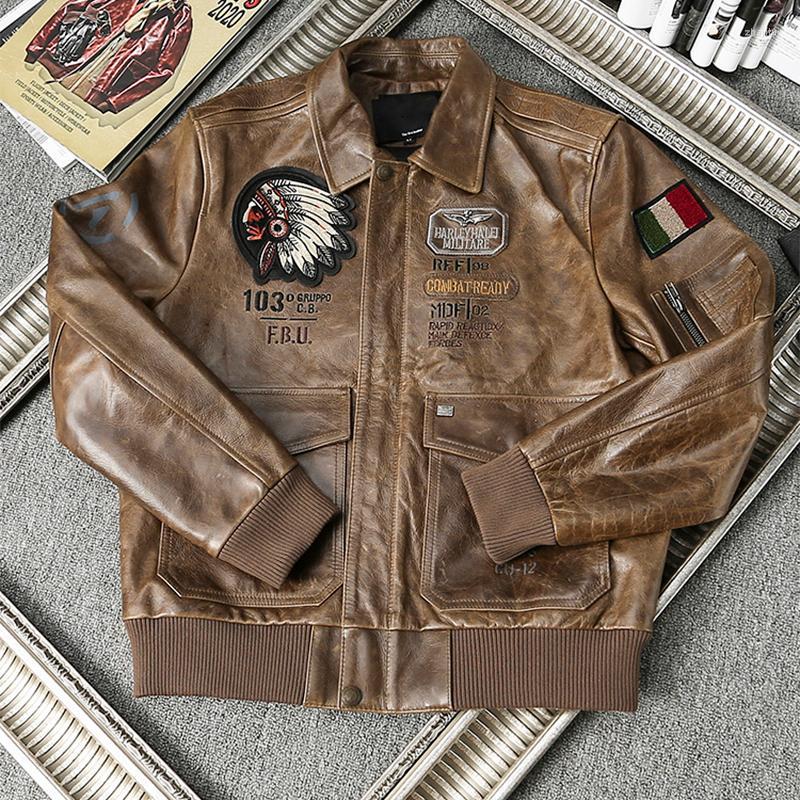 

Men's Leather & Faux Embroidery Bomber Natural Genuine Coat Cowhide Motorcycle Jackets Slim Brown Fashion Clothing