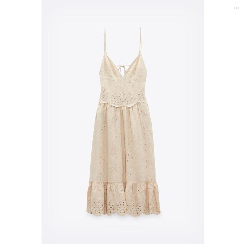 

Casual Dresses Summer Fashion Women's Temperament Sweet V-neck Thin Suspender Hollow Embroidery Decoration Linen Blend Midi Dress, Beige