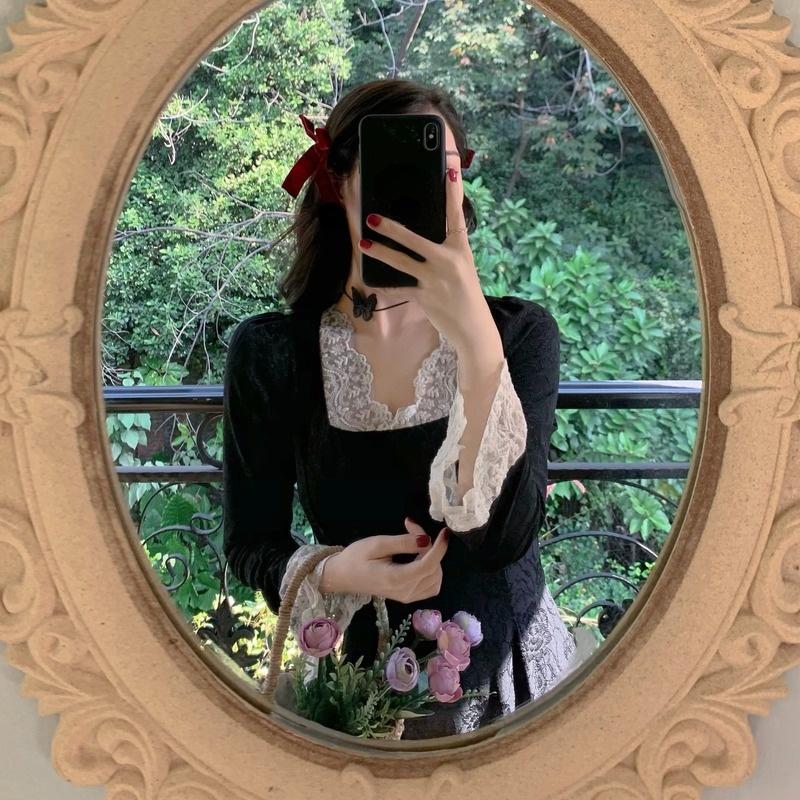 

Casual Dresses Elegant Black Lace Women French Vintage Midi Dress Korean Fashion 2023 Winter Long Sleeve Female Design