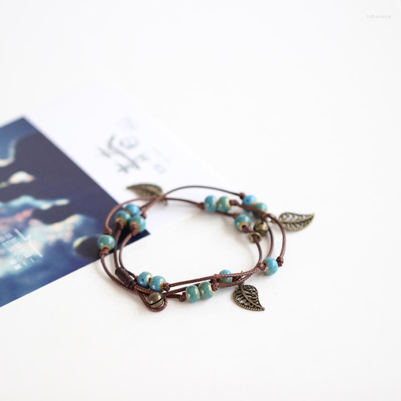 

Strand StreBelle Fashion Handmade Weave Bangle With Ceramic Blue Beads String Bracelet 3 Circles Woman Girl Student Bracelets