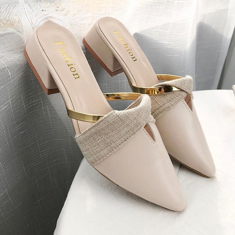 

Slippers 2023 Summer Classic Mules Shoes Slides PU Leather Outdoor Slipper Platform Woman Pointed Toe Sandals, Beige