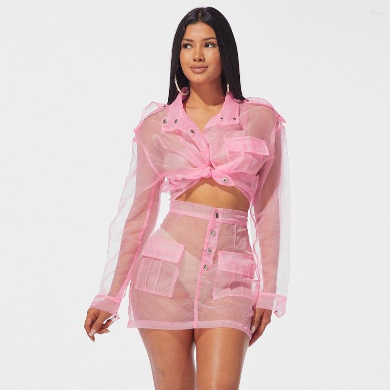 

Work Dresses Pink Two Piece Women Long Sleeve Crop Top And Skirt Sets 2023 Summer Sexy See Through Gauze Sheer Mesh Mini Skirts Outfits