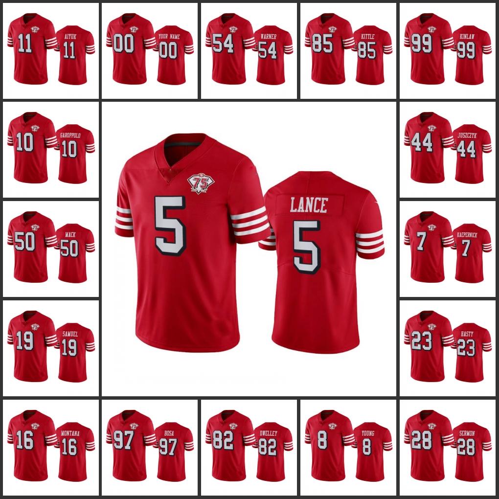 

Jersey San Francisco''49ers''Men 97 Nick Bosa 16 Joe Montana 5 Trey Lance 85 George Kittle Women Youth Custom 75th Anniv