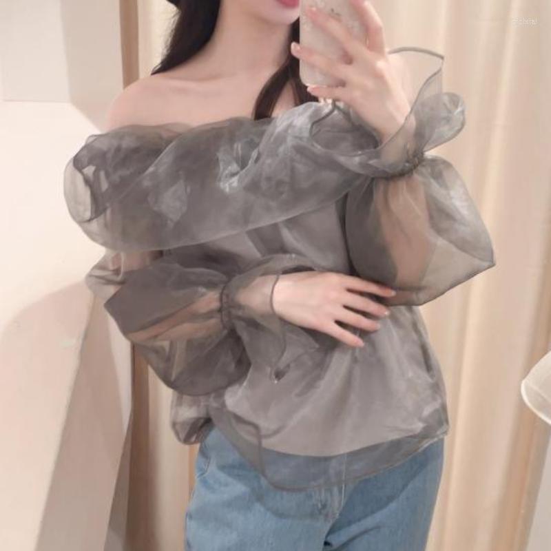 

Women's Blouses Kuzuwata Japanese Gauze Sweet Womens Tops Flare Sleeves Slash Neck Camisas De Mujer 2023 Summer Fairy Perspective Fashion, Dark grey