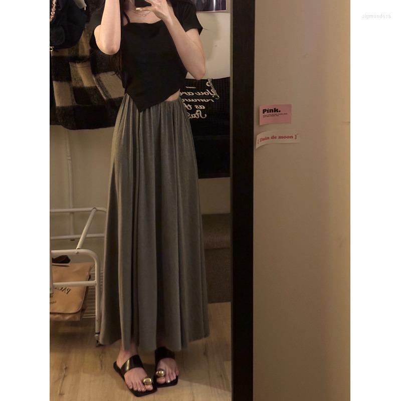 

Skirts Lazy Wind Gray Drape Pleated Half Skirt Female Summer 2023 High Waist Loose A Word Swing Long, Black