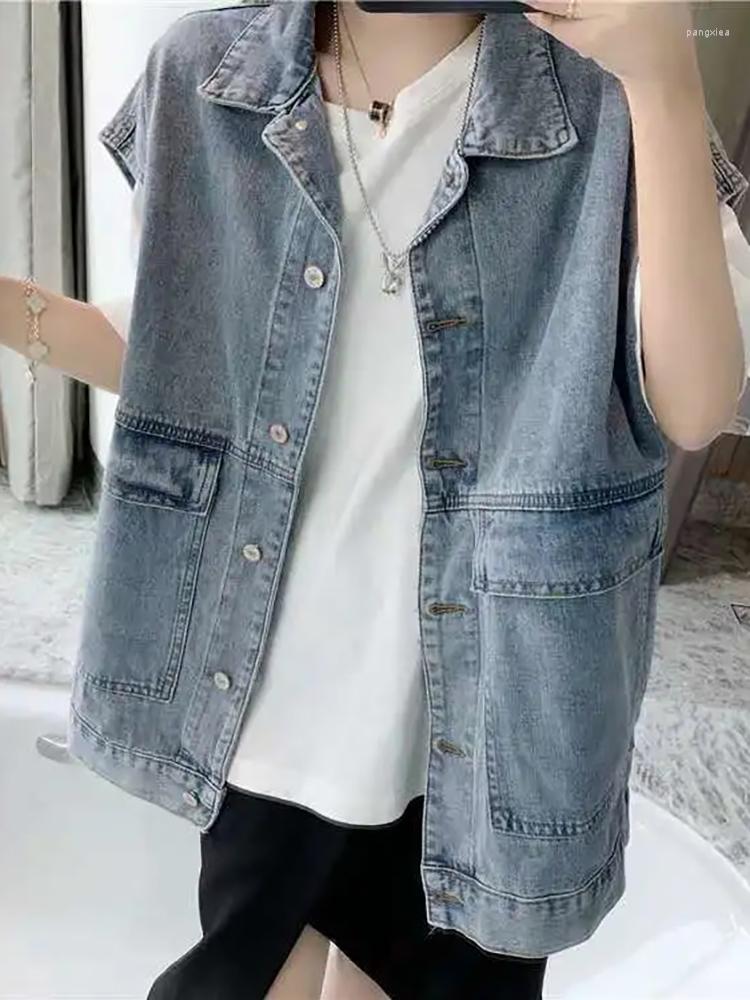 

Women's Vests Sleeveless Big Pocket Oversize Denim Vest Classic Single-breasted Jacket Simple Loose Streetwear Women Jackets, Dark grey