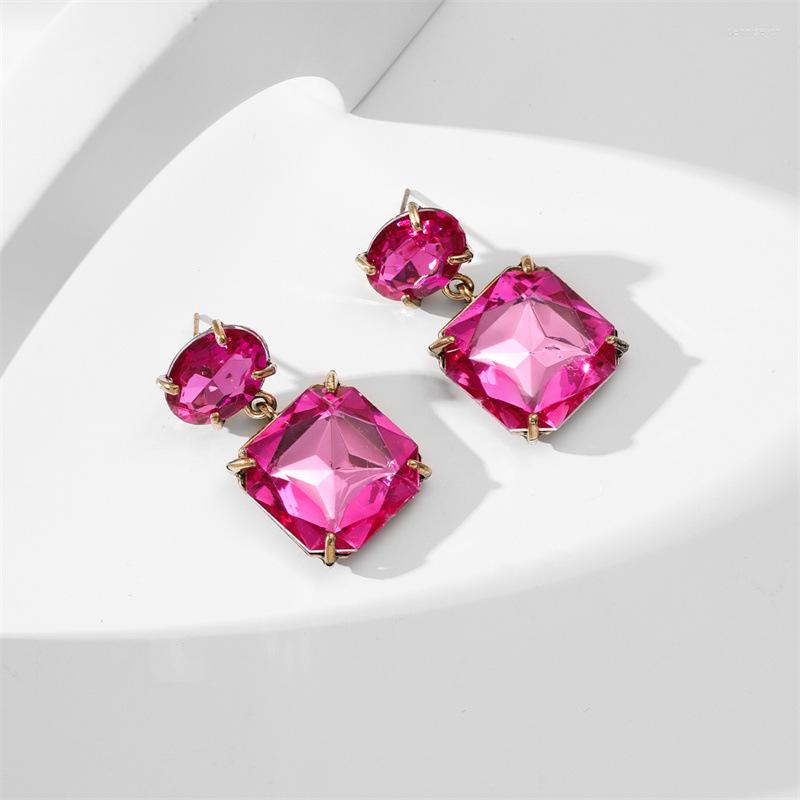 

Dangle Earrings Exquisite Crystal Fuchsia Pink CZ Geometry Drop Square Earings Ins Women Girl