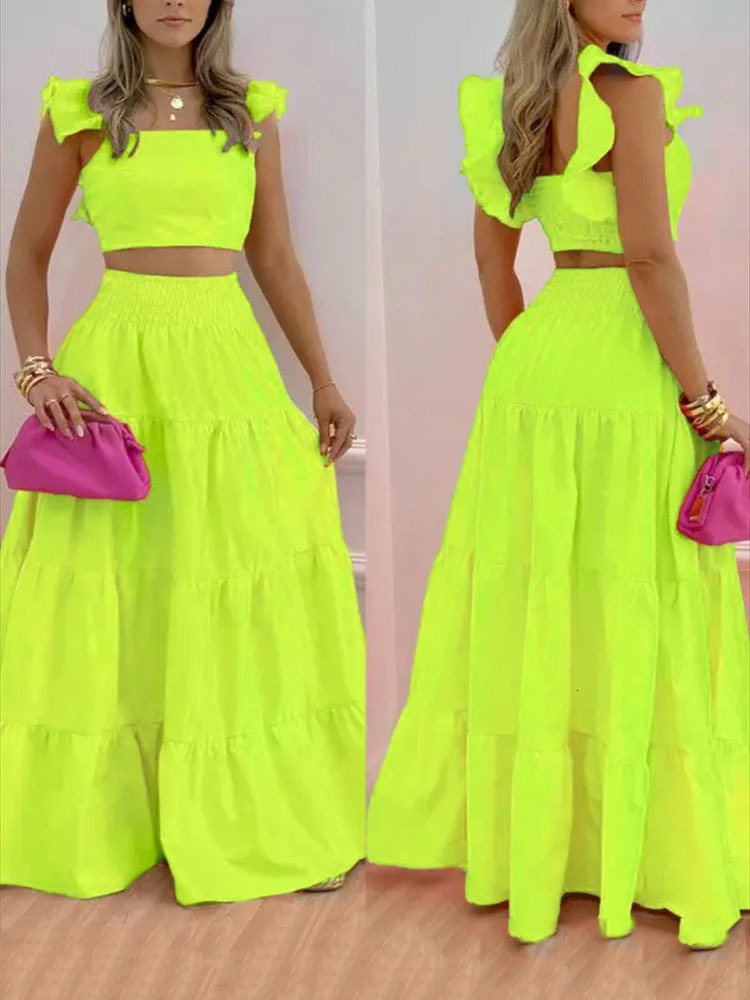 

Two Piece Dress Spring Womens Set Fashion Solid Color Flower Print Blouse Skirt Flying Sleeve Crop Vest Aline 230512