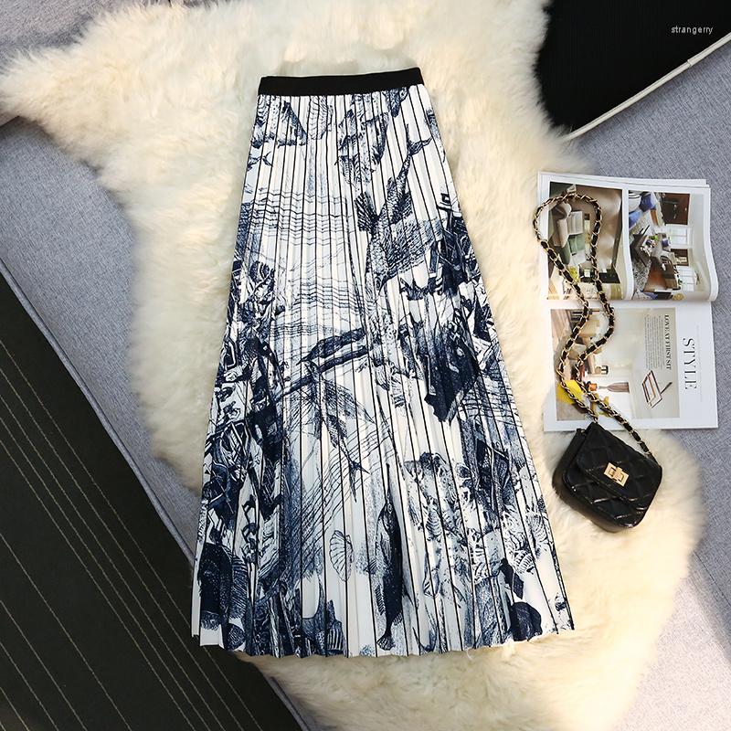 

Skirts Vintage Painting Long Blue Ink Paint Printed A-line Pleated Calf Ladies High Waist Loose Spring Summer P259
