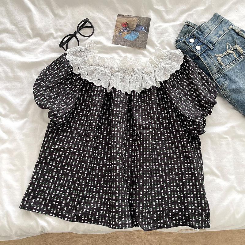 

Women's Blouses Korejepo French Lace Top Bubble Sleeved Floral Short Shirt 2023 Summer Women's Unique Patchwork Sweet Gentle Tops, White