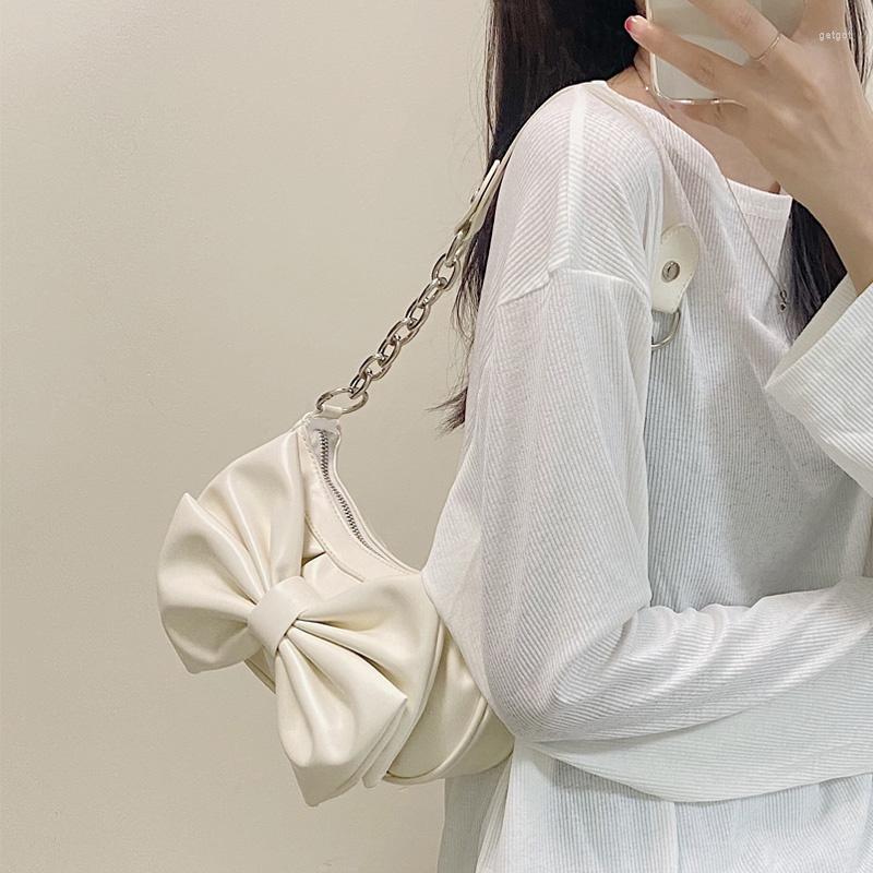 

Evening Bags Vintage Cute Bow Shoulder For Women Solid Color Girls Pu Leather Crossbody Clutch Female Portable Square Chain Underarm Bag, Beige
