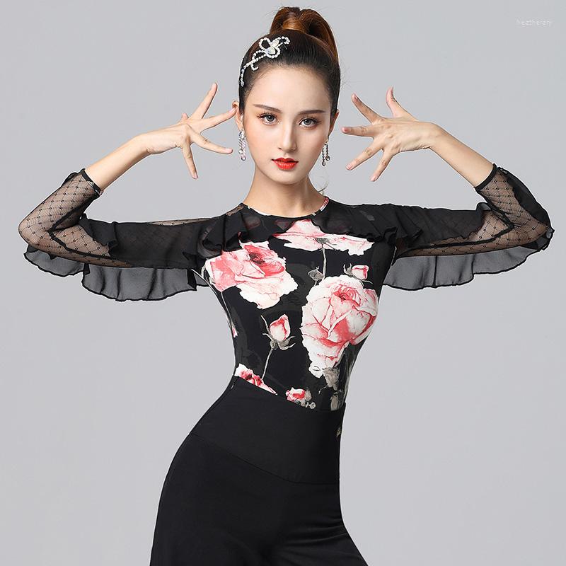 

Stage Wear Social Latin Dance Costume Women Printing Colour Modern Practice Clothes Long Sleeve Fashion Practise Dancewear, Only top