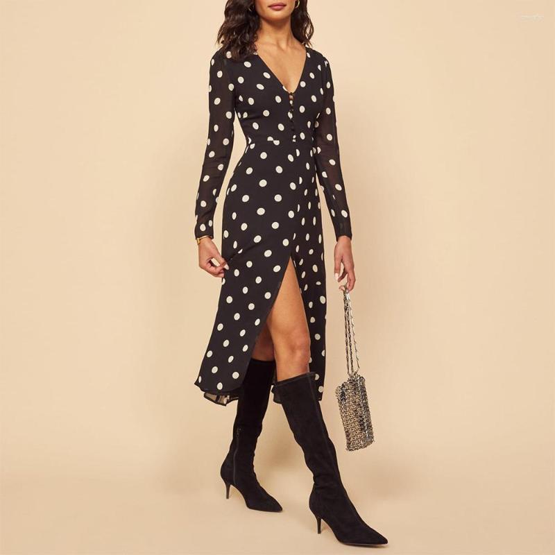 

Casual Dresses For Women 2023 Elegant Office Slim Front Slit Chiffon Midi Spring Autumn Long Sleeve V Neck Button Polka Dot, Dc3809