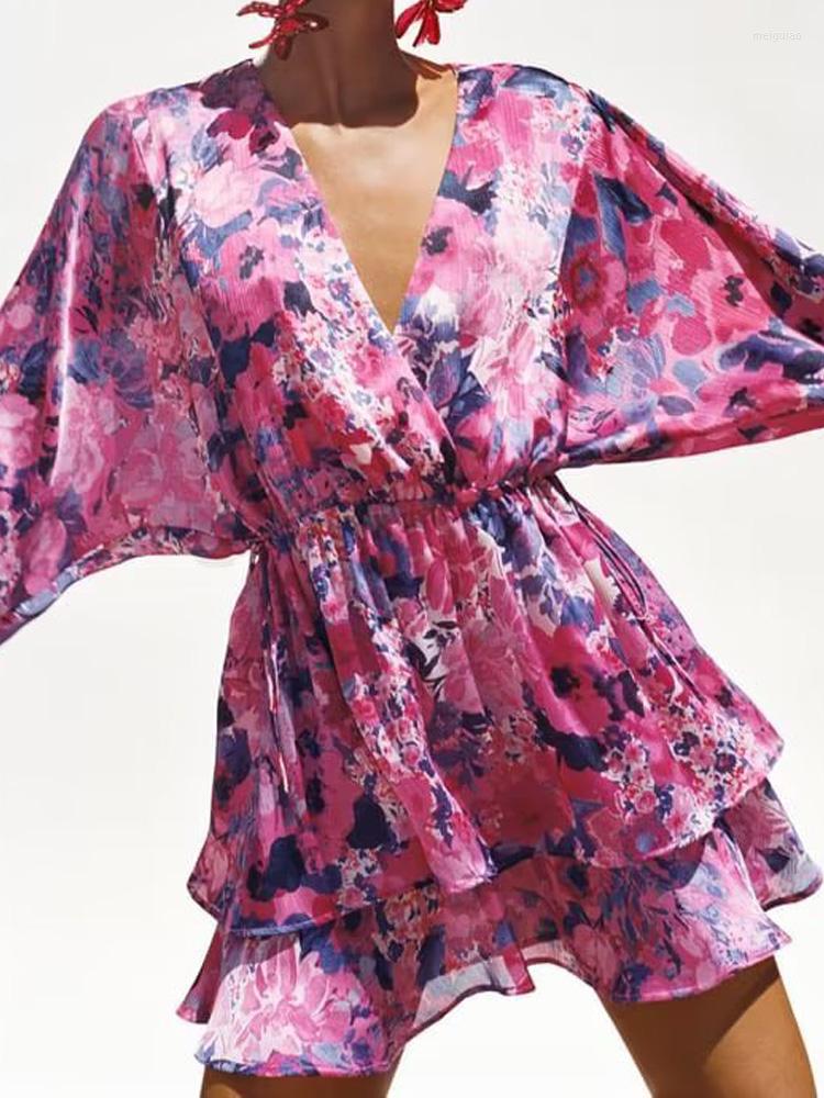 

Casual Dresses Kumsvag 2023 Women Summer Mini Dress Fashion Print Satin V-Neck Cascading Ruffle Female Elegant Street Clothing