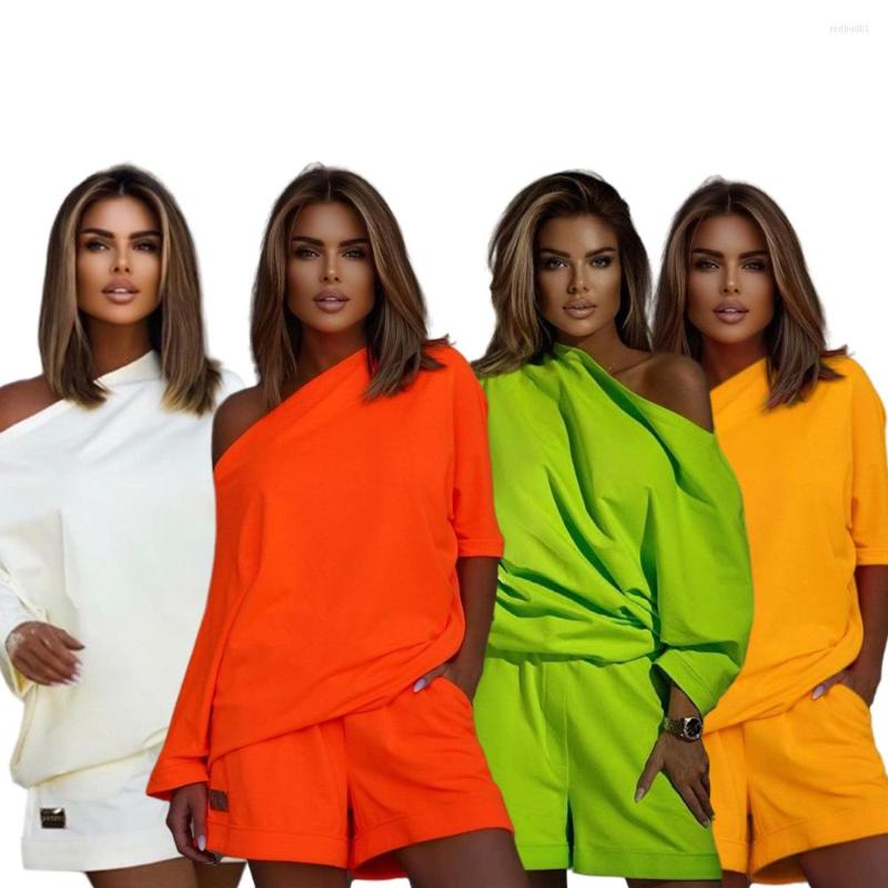 

Women' Tracksuits 2023 Spring Women' Solid Off Shoulder Shorts Sports Set Plus Size Matching Sets Two Peice For Women, Orange red