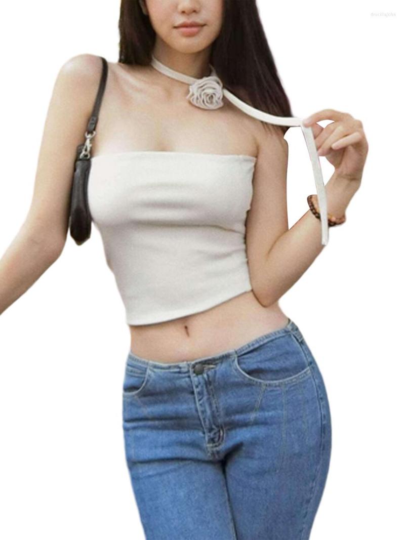 

Women' Tanks Women Summer Tube Top Strapless Sleeveless Bandeau Slim Fit Crop Tops With Rose Choker Y2K Club Party Streetwear, Green