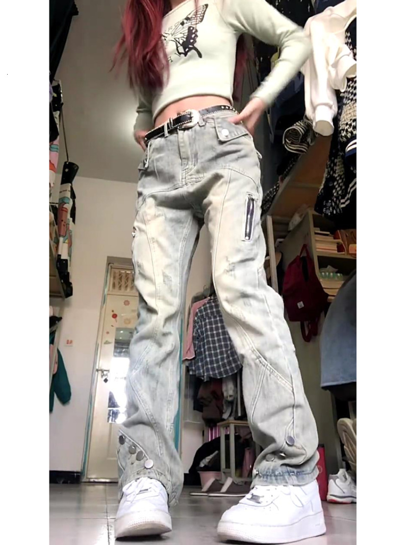 

Women's Pants 's Vintage Zipper Washed Jeans Y2K Street Style Loose Straight High Waist Oversized Casual Slim Sexy Woman Streetwear 230512, Beige