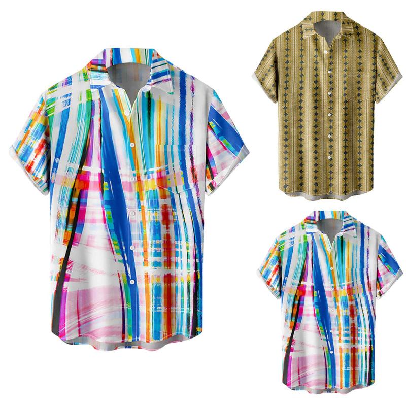 

Men's Casual Shirts Long Sleeve Workout Top Set Mens Fashion And Leisure 3D Digital Printing Buckle Lapel Short Shirt TopMen's, Yellow