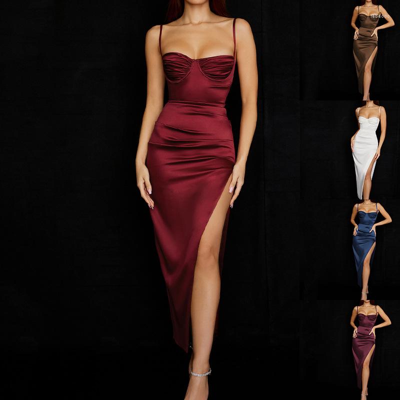 

Casual Dresses High Side Split Satin Women 2023 Summer Sexy Sleeveless Backless Party Outfit Solid Bodycon Black Evening Dress, Fuchsia