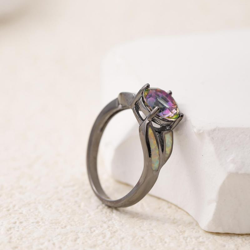 

Wedding Rings Black Gun Plated Rainbow Cubic Zirconia Fire Opal For Women Fashion Jewelry Unique Party Cocktail Ring