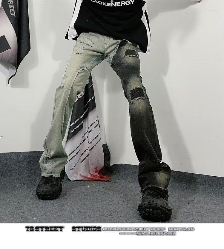 

Men' Jeans 2023 Ripped Splicing Contrast Color Denim Trousers Loose Wide-leg Pants Male Trendy Clothing Y2k Street Design For M, Gray