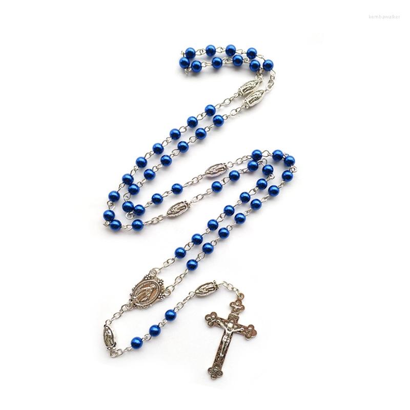 

Pendant Necklaces QIGO Blue Acrylic Rosary Necklace Catholic Jesus Cross Prayer Jewelry For Men Women