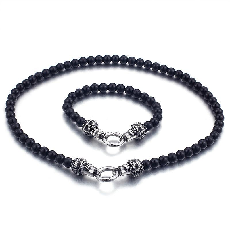 

Necklace Earrings Set & Fashion Male Black Beads Sets Stainless Steel Punk Skull Clasp Beaded Chocker Bracelet Jewelry For Cool Men, Picture shown