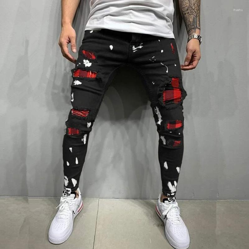 

Men's Jeans Fashion Mens Slim Stretch Skinny Patchwork Color Black Ripped Jean Men Streetwear Y2K Denim Punk Pants Pantalones Hombre