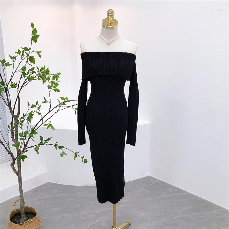 

Casual Dresses Off Shoulder Women Sweater Bodycon Dress Sexy French Knitted Long Sleeve Pink Y2k Vintage Winter Clothes Slim Knitwear, Black