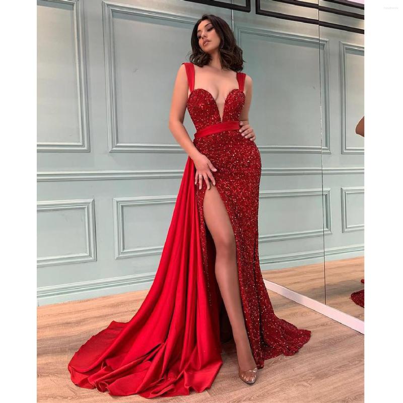 

Casual Dresses Evening Party Dress Women Elegant Sexy Deep V Neck Split Sequined Red Spaghetti Strap Sleeveless Backless Long Maxi Vestidos