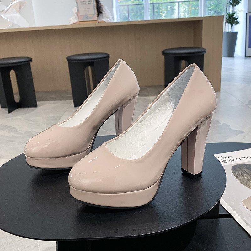

Dress Shoes 2023 Spring And Autumn Round Head Solid Color Shiny Leather Waterproof Platform Comfortable Large Heel Single Shoe Women, Beige