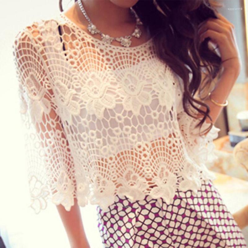 

Women's Blouses Sexy Lace Blouse Shirt Women Tops Elegant Hollow Out Summer Female Overall Casual Short Sleeve Crochet White Floral Blusas