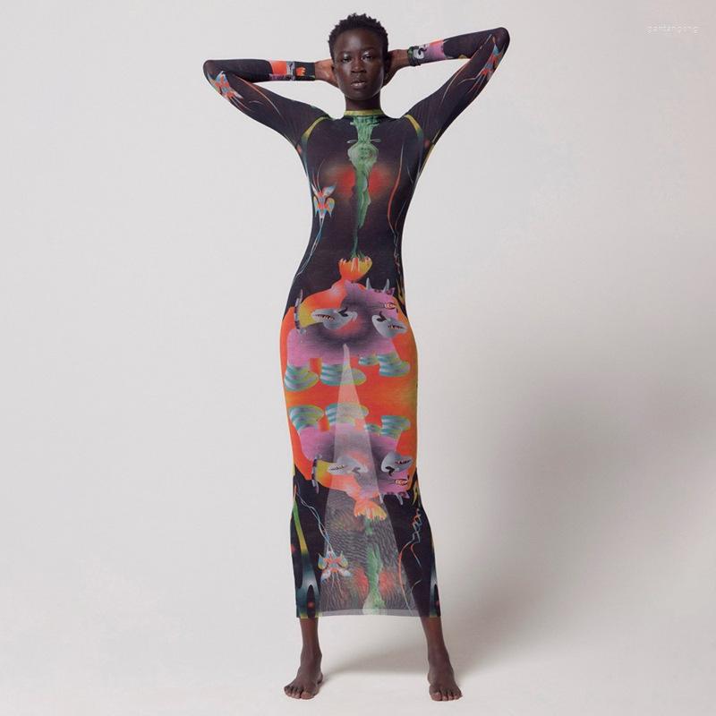 

Casual Dresses Stretchy Maxi Dress Women Elegant Print Long Sleeve Y2K Bodycon Robe Skinny Streetwear Fashion Fenale Aesthetic Vestidos, Black