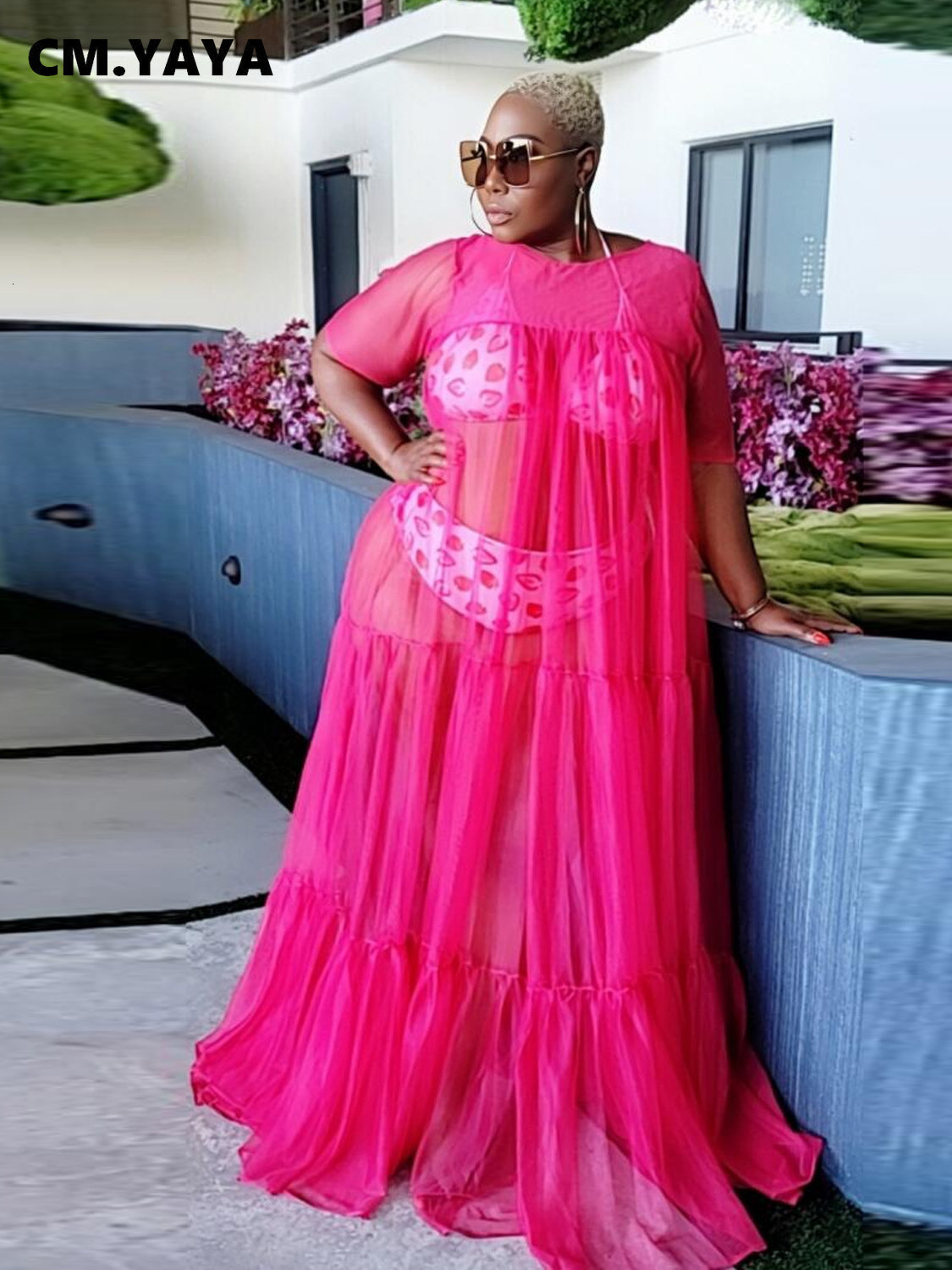 

Plus size Dresses CMYAYA Size Women Mesh See Though Ruffles Hem Loose Aline Short Sleeve Oneck Maxi Long Dress Sexy Beach Vestidos 230512, White