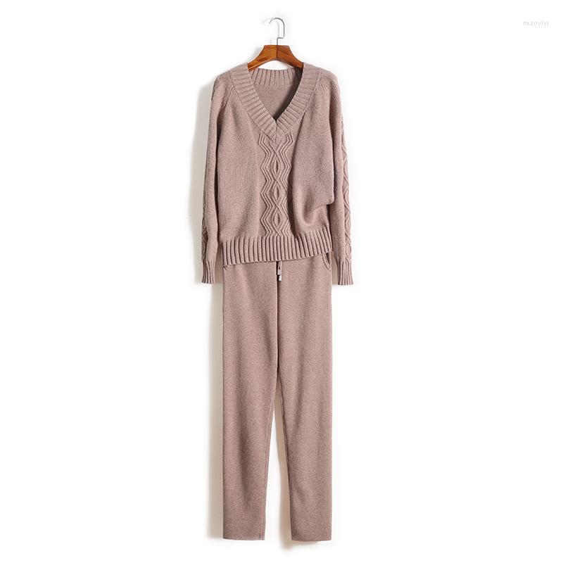 

Women' Two Piece Pants 2023 Drawstring Wool Fiber Full Cashmere Knit Suit Two-piece Fashion V-neck Loose Sweater Trousers Outfits, Blue