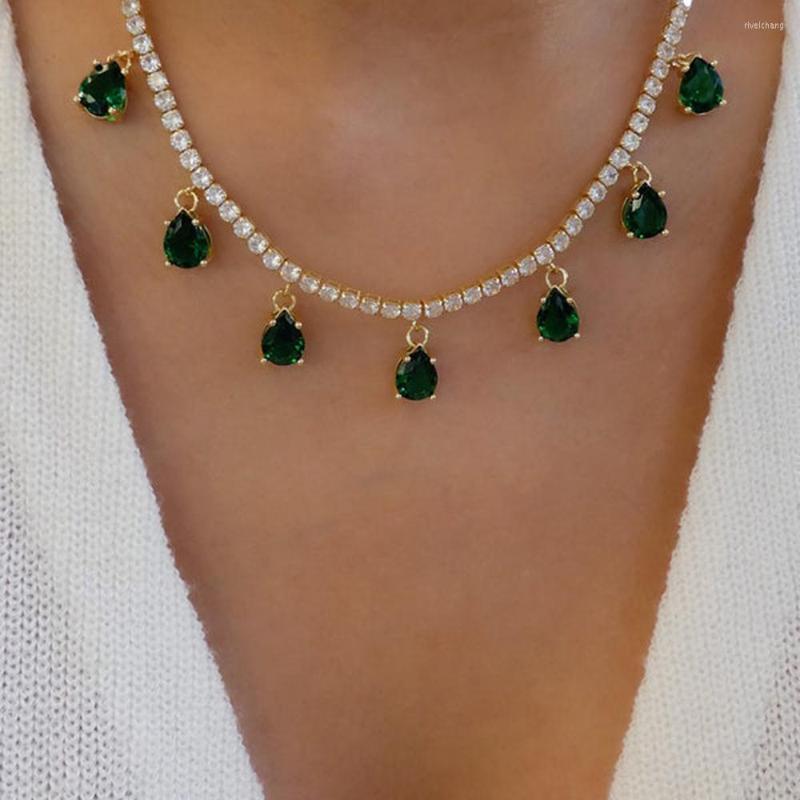 

Pendant Necklaces Fashion Green Crystal Water Drop Pendants Women Chokers Gold Color Chain Choker For Ladies Collar Trend Jewelry